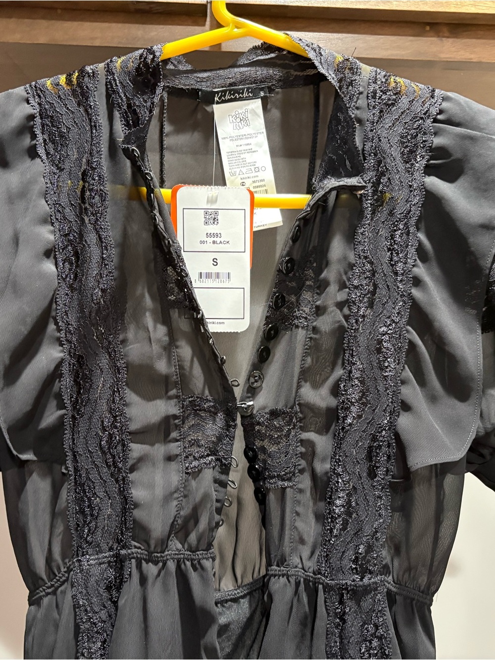 Kikiriki Black Lace-Trim Sheer Button Front Dress